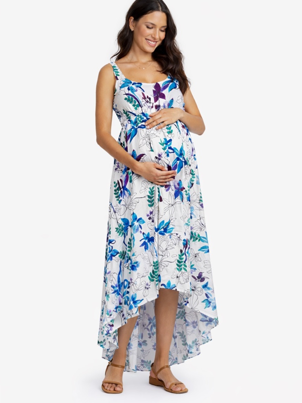 Ingrid & Isabel Maternity Floral High Low Dress Sz L Blue Green Flowy Boho